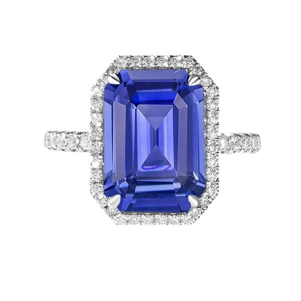 Blue Sapphire Halo Emerald Cut Ring 5.50 Carats Diamonds Jewelry - Gemstone Ring-harrychadent.ca