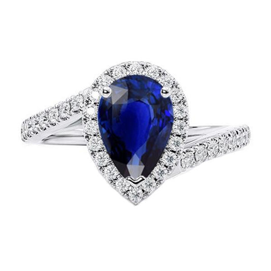 Blue Sapphire Halo Engagement Ring Pear & Diamonds 4.50 Carats - Gemstone Ring-harrychadent.ca