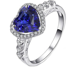 Blue Sapphire Halo Heart Cut Ring & Round Natural Earth Mined Diamonds 3.50 Carats