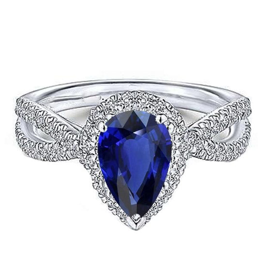 Blue Sapphire Halo Pear Engagement Ring Split Shank 4 Carats Diamonds - Gemstone Ring-harrychadent.ca