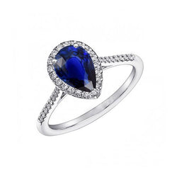 Blue Sapphire Halo Pear Shaped Ring & Natural Earth Mined Diamonds 3.50 Carats