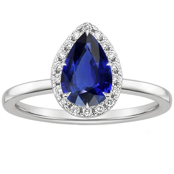 Blue Sapphire Halo Ring Prong Set Pear & Diamonds 4.50 Carats - Gemstone Ring-harrychadent.ca