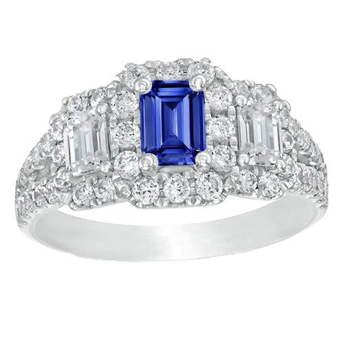 Blue Sapphire Halo Ring Radiant Cut Emerald & Round Diamonds 4 Carats - Gemstone Ring-harrychadent.ca