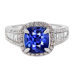 Blue Sapphire Halo Ring With Baguette & Round Natural Earth Mined Diamonds 4.5 Carats