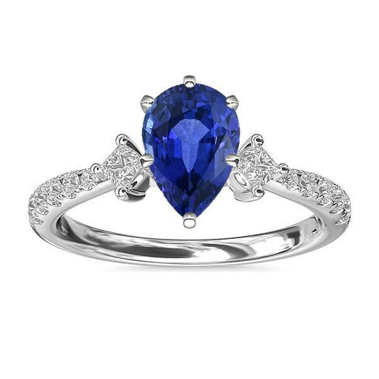 Blue Sapphire Ring SriLanka Three Stone Diamond Accents Pear 3 Carats - Gemstone Ring-harrychadent.ca