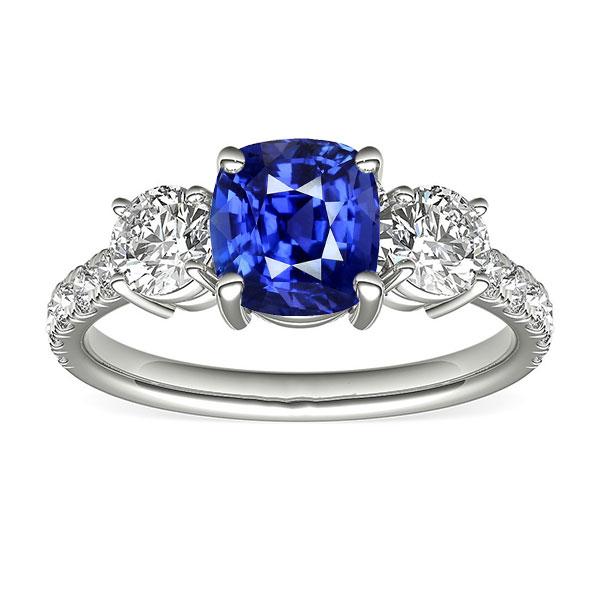 Blue Sapphire & Round Diamond Ring 3.50 Carats 3 Stone Style Jewelry - Gemstone Ring-harrychadent.ca