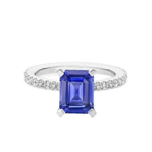 Blue Sapphire Solitaire Emerald Ring With Accents 3 Carats Gold - Gemstone Ring-harrychadent.ca
