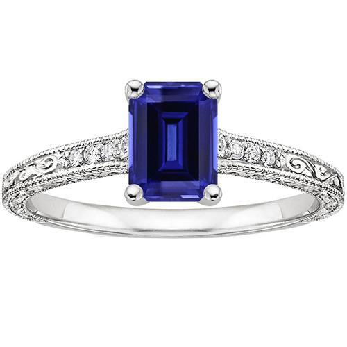 Blue Sapphire Solitaire Ring With Diamonds Milgrain Shank 3.50 Carats - Gemstone Ring-harrychadent.ca