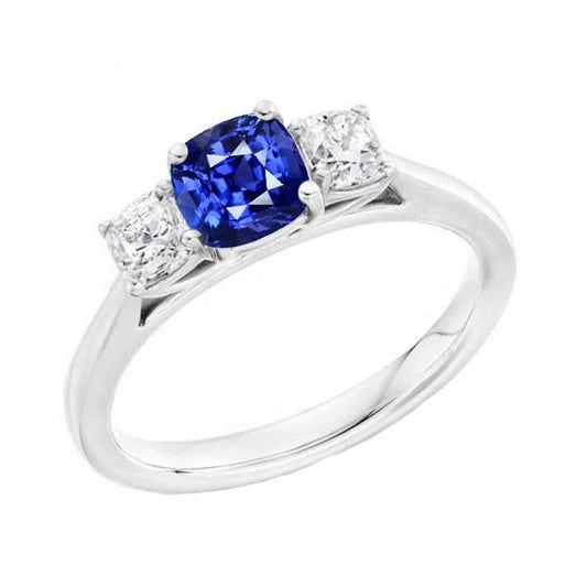 Blue Sapphire Three Stone Ring & Cushion Diamonds 2 Carats Gold 14K - Gemstone Ring-harrychadent.ca