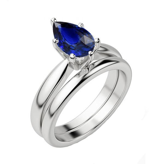 Blue Sapphire Wedding Ring Set Solitaire Pear Cut Sri Lankan 2 Carats - Gemstone Ring-harrychadent.ca