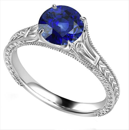 Blue Solitaire Sapphire Engagement Ring 2 Carats Filgree Vintage Style - Gemstone Ring-harrychadent.ca