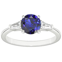 Ceylon Sapphire 3 Stone Ring 2.50 Carats Bar Set Baguette Diamonds