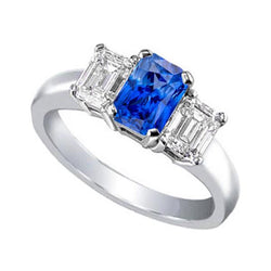 Ceylon Sapphire 3 Stone Ring Radiant & Emerald Natural Earth Mined Diamonds 2.50 Carats