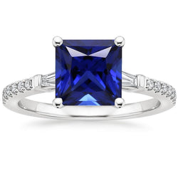 Ceylon Sapphire Diamond Accents Ring Solitaire Princess Cut 5.50 Carat