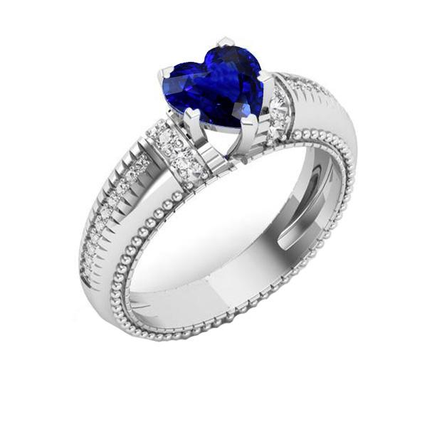 Ceylon Sapphire & Diamond Ring Heart Cut Milgrain Shank 2 Carats - Gemstone Ring-harrychadent.ca