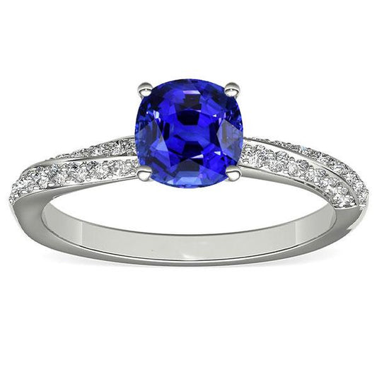 Ceylon Sapphire Gemstone Ring Double Pave Diamonds 3 Carats - Gemstone Ring-harrychadent.ca