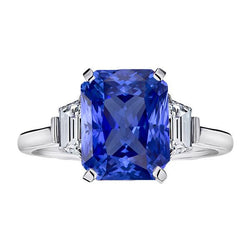 Ceylon Sapphire Gemstone Ring Trapezoid Natural Earth Mined Diamonds 4 Carat Gold 3 Stone