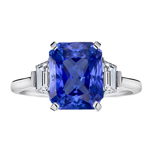 Ceylon Sapphire Gemstone Ring Trapezoid Diamonds 4 Carat Gold 3 Stone - Gemstone Ring-harrychadent.ca