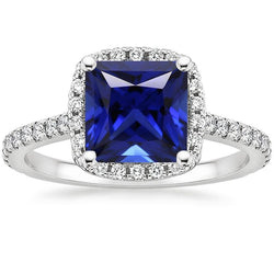 Ceylon Sapphire Halo Natural Earth Mined Diamond Ring 6 Carat Princess Cut With Accents
