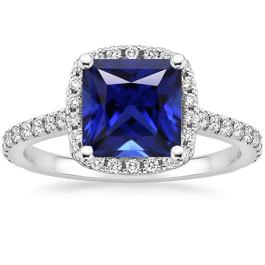 Ceylon Sapphire Halo Diamond Ring 6 Carat Princess Cut With Accents - Gemstone Ring-harrychadent.ca