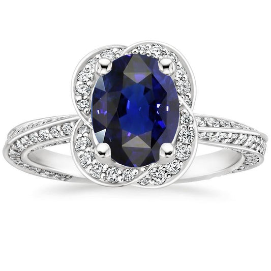 Ceylon Sapphire Halo White Gold Ring & Round Diamonds 6 Carats - Gemstone Ring-harrychadent.ca