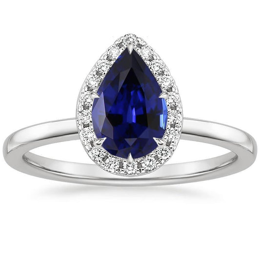 Classic Halo Diamond Ring Pear Sapphire Center Gold 14K 6.75 Carats - Gemstone Ring-harrychadent.ca