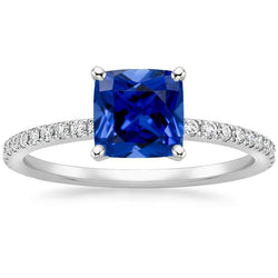 Cushion Blue Sapphire Natural Earth Mined Diamond Ring With Pave Set Accents 2.75 Carats