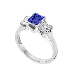 Cushion Natural Earth Mined Diamond 3 Stone Ring V-Prong Ceylon Sapphire 1.50 Carats
