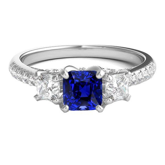 Cushion Gemstone Blue Sapphire Ring Princess Diamonds 2.50 Carats - Gemstone Ring-harrychadent.ca