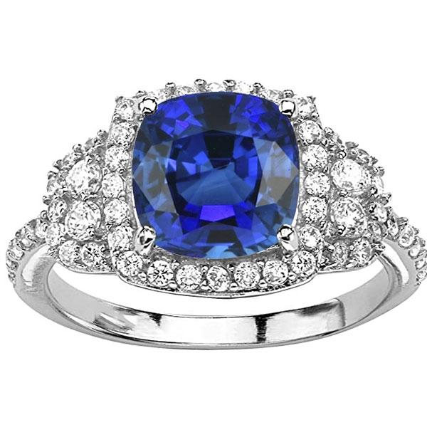 Cushion Halo Blue Sapphire Ring White Gold 14K Diamonds 5 Carats - Gemstone Ring-harrychadent.ca