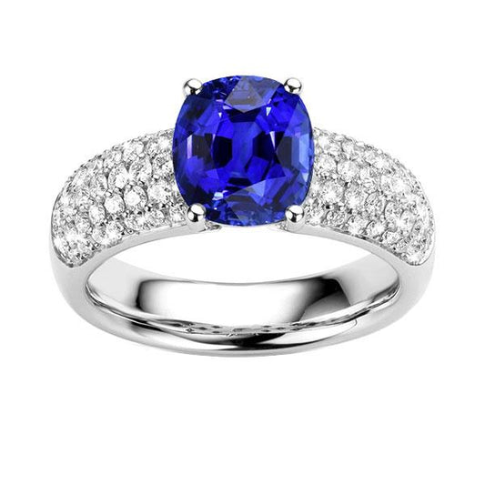 Cushion Sapphire Gemstone Ring White Gold 14K Diamonds 3.50 Carats - Gemstone Ring-harrychadent.ca