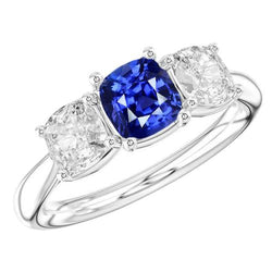 Cushion Sapphire Three Stone Ring 2.50 Carats Natural Earth Mined Diamonds Gold Jewelry