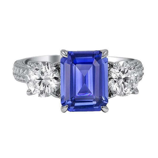 Diamond 3 Stone Emerald Srilanka Sapphire Ring Vintage Style 3 Carats - Gemstone Ring-harrychadent.ca