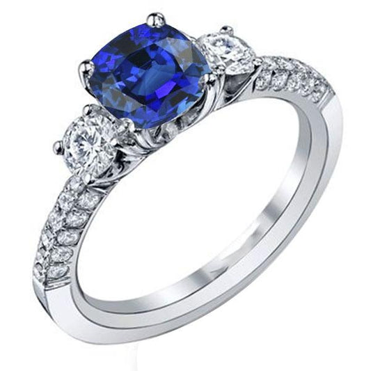 Diamond 3 Stone Style Cushion Sri Lankan Sapphire Ring 3.50 Carats - Gemstone Ring-harrychadent.ca