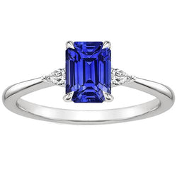 Natural Earth Mined Diamond 3 Stones Ring Emerald & Pear Blue Sapphire 3.25 Carats