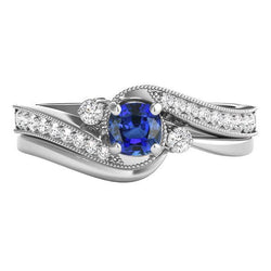 Natural Earth Mined Diamond Blue Sapphire Wedding Ring Set 3 Stone Twisted Style 2 Carats