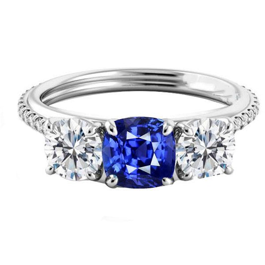 Diamond Cushion Blue Sapphire Ring 3 Stone Style & Accents 3.50 Carats - Gemstone Ring-harrychadent.ca