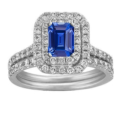 Natural Earth Mined Diamond Double Halo Emerald Blue Sapphire Wedding Ring Set 5 Carats