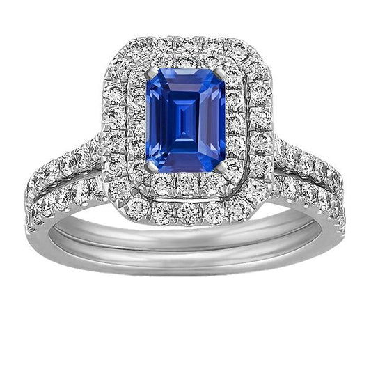 Diamond Double Halo Emerald Blue Sapphire Wedding Ring Set 5 Carats - Gemstone Ring-harrychadent.ca