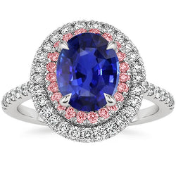 Natural Earth Mined Diamond Double Halo Oval Blue & Pink Sapphire Ring 5 Carats Prong Set