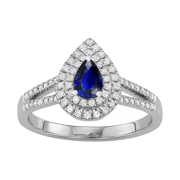 Diamond Double Halo Pear Blue Sapphire Ring Split Shank 3 Carats - Gemstone Ring-harrychadent.ca