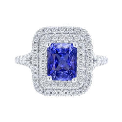 Natural Earth Mined Diamond Double Halo Radiant Sapphire Ring 4 Carats Split Shank