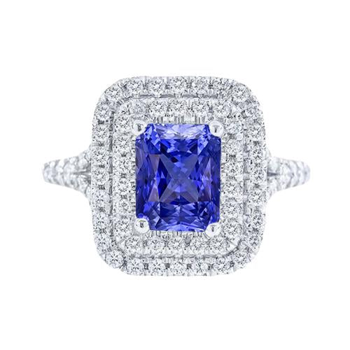 Diamond Double Halo Radiant Sapphire Ring 4 Carats Split Shank - Gemstone Ring-harrychadent.ca