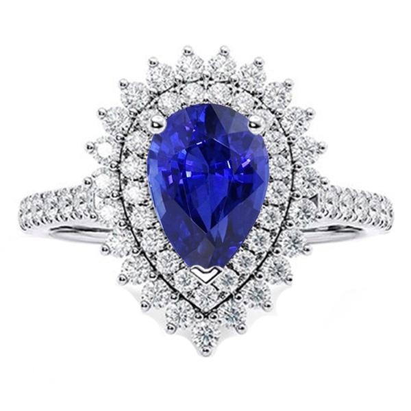 Diamond Double Halo Ring Flower Style Pear Blue Sapphire 5.50 Carats - Gemstone Ring-harrychadent.ca