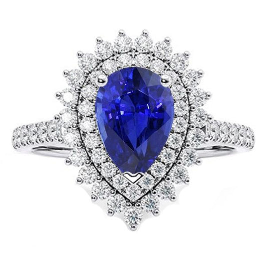 Diamond Double Halo Ring Flower Style Pear Blue Sapphire 5.50 Carats - Gemstone Ring-harrychadent.ca