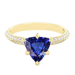 Natural Earth Mined Diamond Engagement Ring 6 Prong Trillion Ceylon Sapphire 2.50 Carats