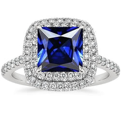 Natural Earth Mined Diamond Engagement Ring Double Halo Blue Sapphire 7 Carats White Gold