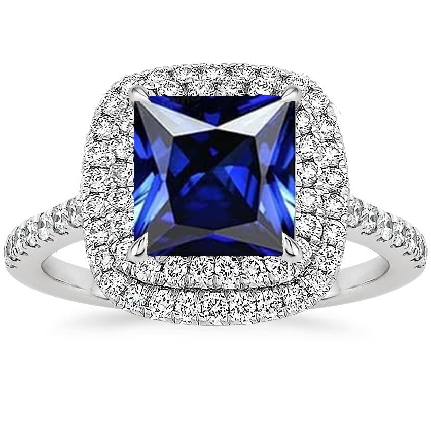 Diamond Engagement Ring Double Halo Blue Sapphire 7 Carats White Gold - Gemstone Ring-harrychadent.ca