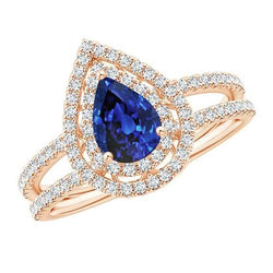 Natural Earth Mined Diamond Engagement Ring Double Halo Pear Blue Sapphire 5.75 Carats
