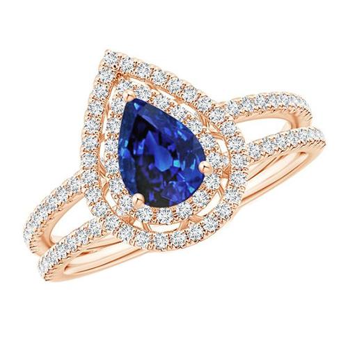 Diamond Engagement Ring Double Halo Pear Blue Sapphire 5.75 Carats - Gemstone Ring-harrychadent.ca
